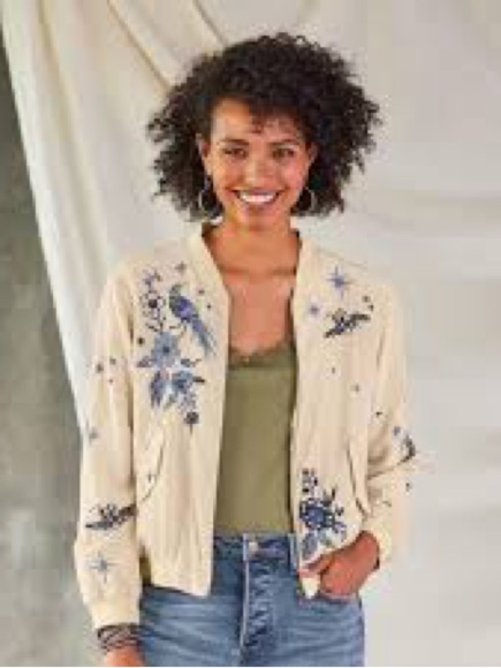 Johnny Was Cream Bomber Jacket with Blue Embroidery